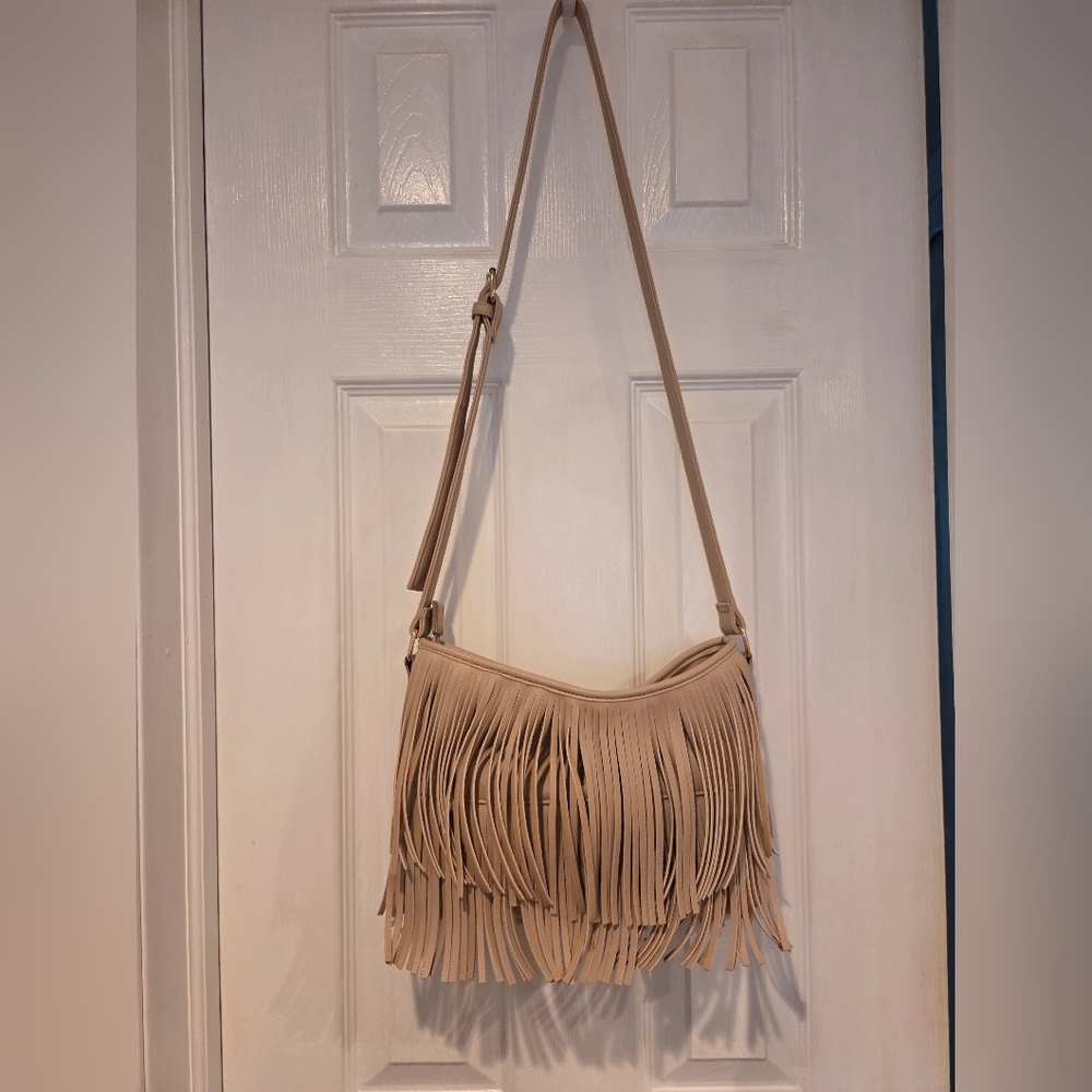 Beige Faux Leather Fringe Crossbody Bag By Charming Charlie - Like New!
